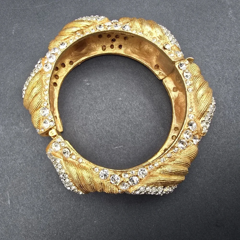 Vintage Cadoro Textured Gold Tone Wide Metal Bangle Bracelet Rhinestone Hinged